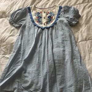 Mini Boden Blue Striped Dress with Floral Embroidered Yoke size 9–10